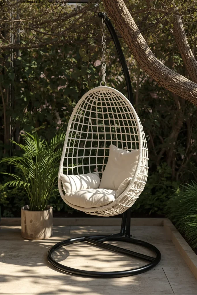 24 Outdoor Patio Furniture Ideas That Are Stylish, Comfy & Weather-Ready 8 patio corner, featuring a white wicker cocoon hanging egg chair