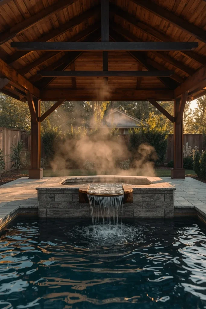 21 Pool House Ideas That Make Your Backyard Feel Like a Luxury Resort 8 backyard spa pavilion, featuring a raised spillover spa