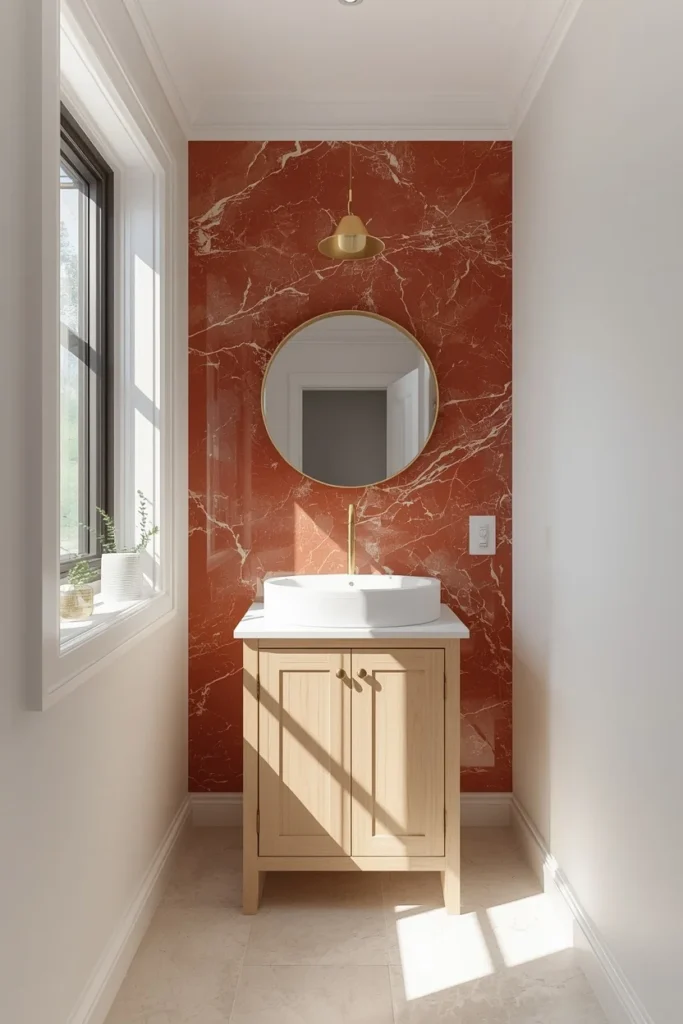 small bathroom, featuring one accent wall of red marble 