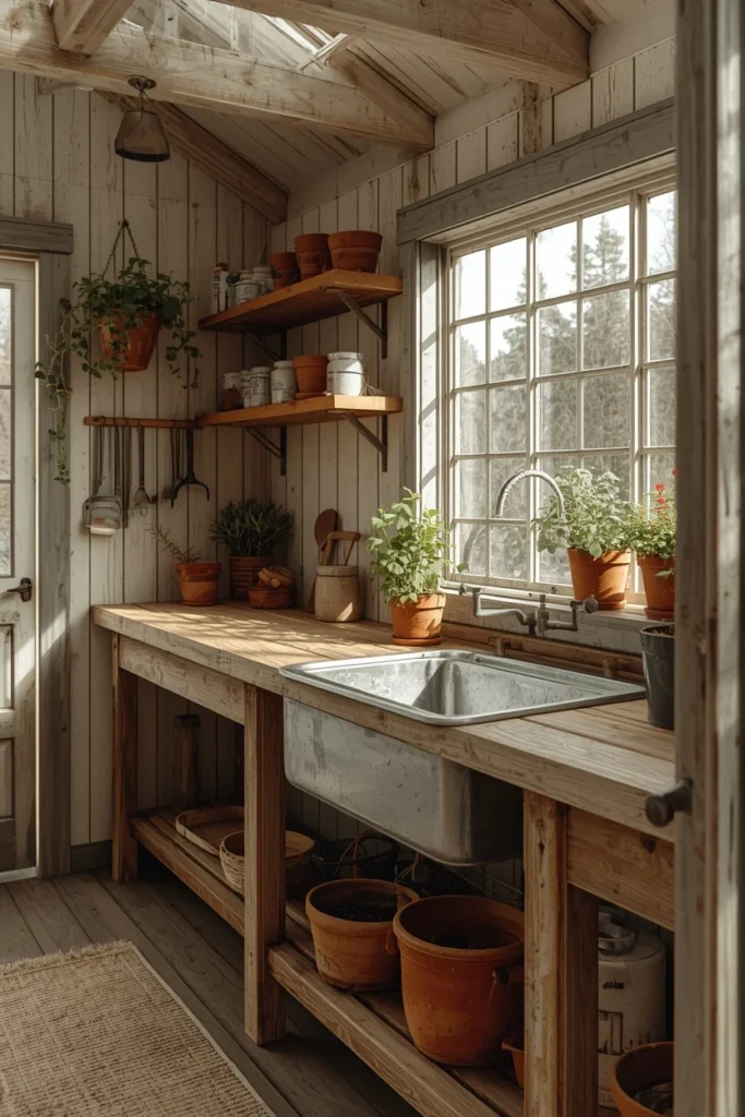  she shed potting bench, featuring reclaimed wood workbench