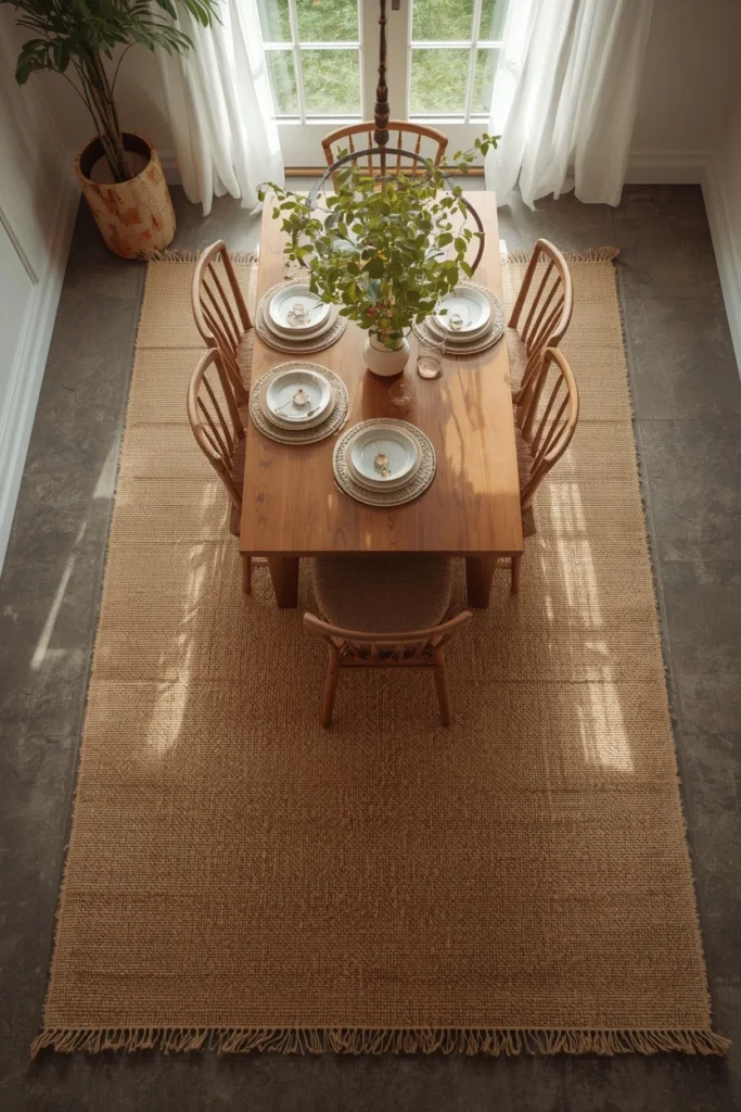 19 Small Dining Room Ideas That Are Big on Style & Even Bigger on Charm 8 small dining room, featuring a natural jute rug extending beyond the dining chairs