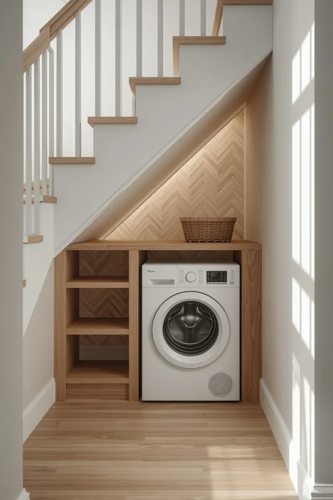 21 Small Laundry Room Ideas That Pack Function & Style Into Every Inch 8 under-stair laundry nook, featuring a compact stacked washer