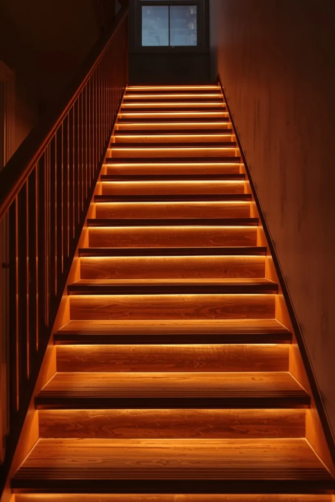 staircase at night, featuring warm LED light strips glowing beneath each tread