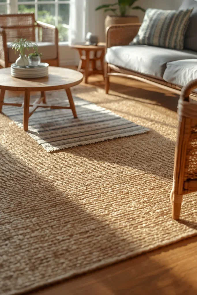  summer house living room, featuring a natural jute area rug 