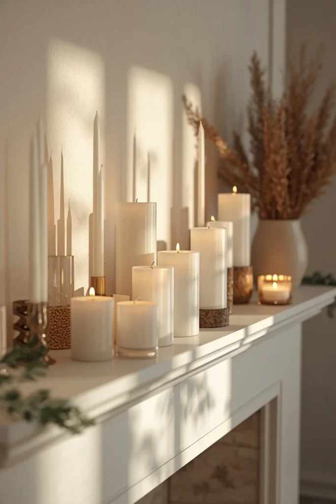  fireplace mantel, featuring a clustered grouping of white pillar candles