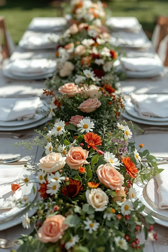  long table runner featuring a loose meadow-style arrangement of garden roses