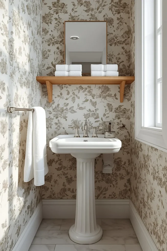  tiny powder room, featuring a white fluted pedestal sink,