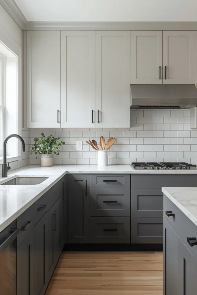 kitchen, featuring soft gray upper cabinets and charcoal gray lower cabinets,