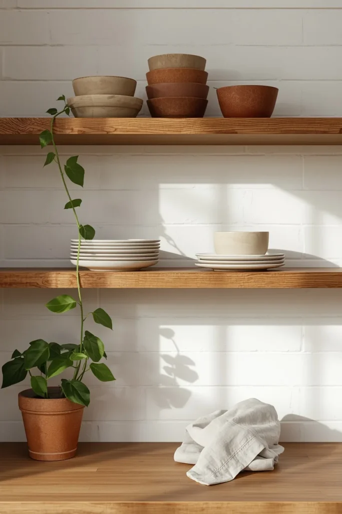 20 White Kitchen Ideas That Are Bright, Fresh & Absolutely Dreamy 7 kitchen shelving vignette, featuring open wood shelves