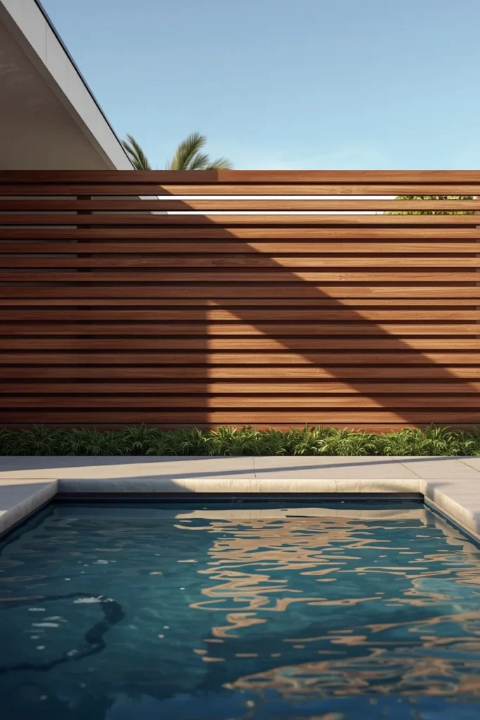 modern poolside backyard exterior, featuring a louvered wood fence