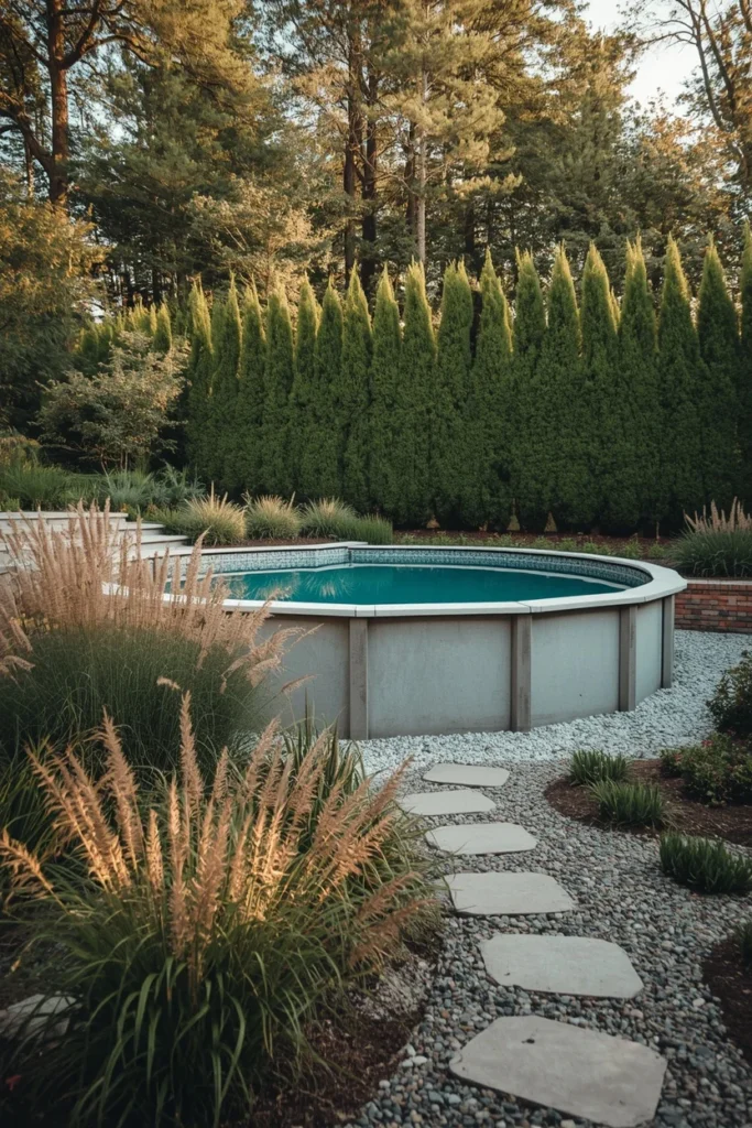 Above ground pool surrounded by layered landscaping