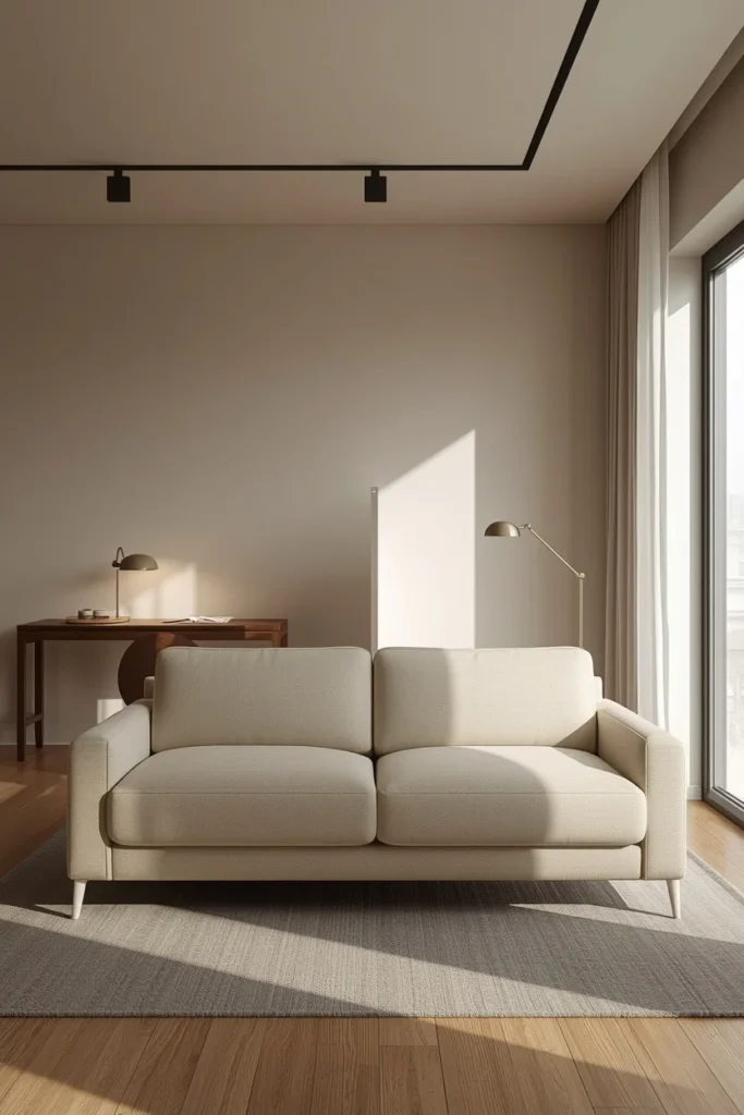 25 Apartment Living Room Ideas That Are Stylish, Smart and Totally Renter-Safe 9 apartment living room with a work zone divider, featuring a low-back cream sofa