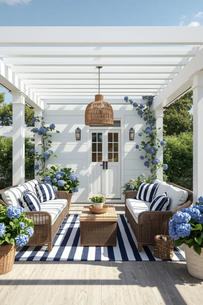 17 Back Patio Ideas That Transform Any Outdoor Space Into a Cozy Retreat 9 coastal patio under a white wooden pergola