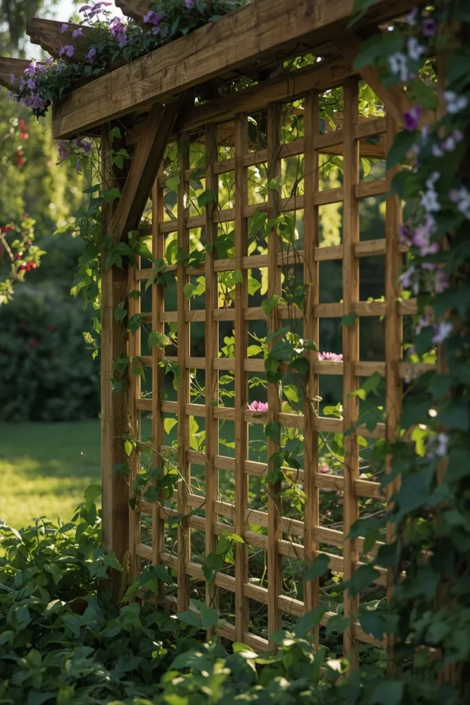 a wood lattice gazebo partially covered in climbing clematis