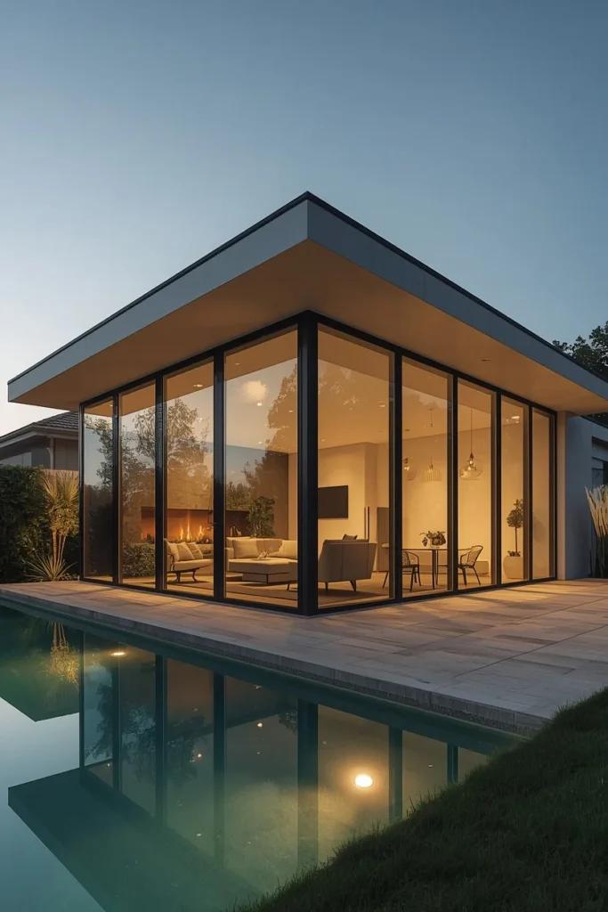 pool house with glass walls