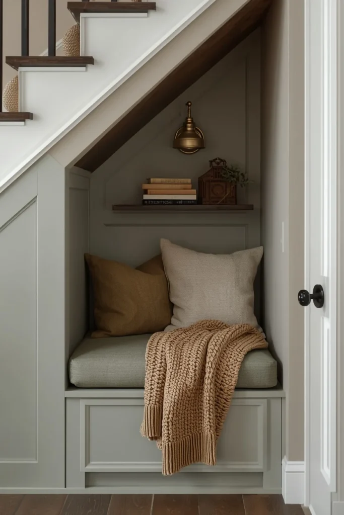 under-stair reading nook in a basement