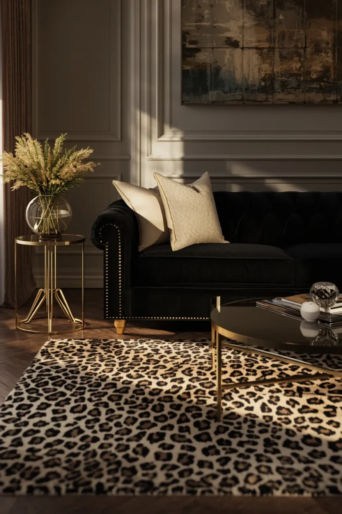 living room, featuring a black tufted sofa, leopard print area rug, 