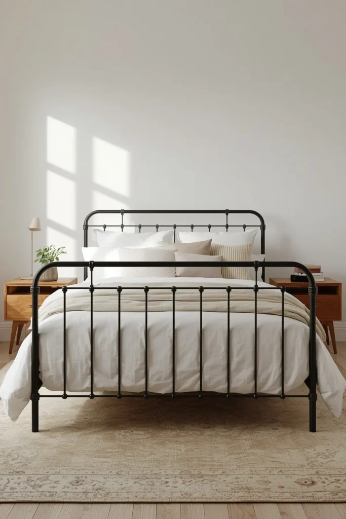  bedroom shot, featuring a black iron bed frame 