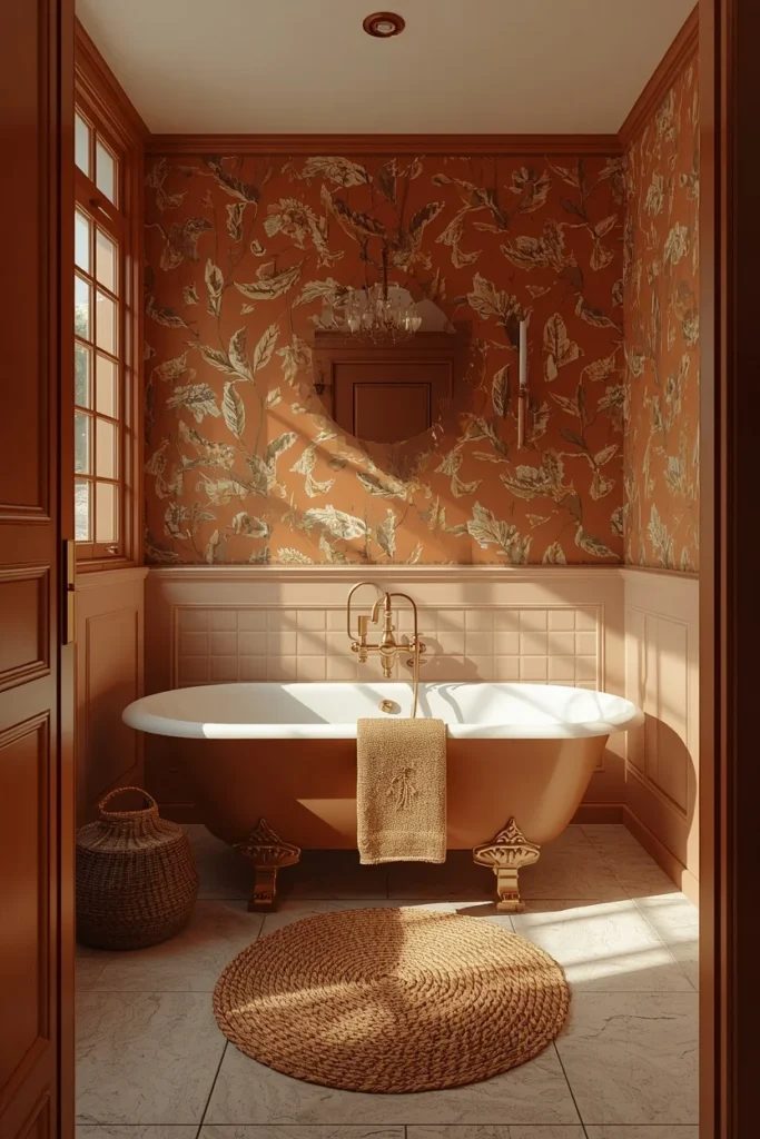 bathroom, featuring terracotta botanical leaf wallpaper, 