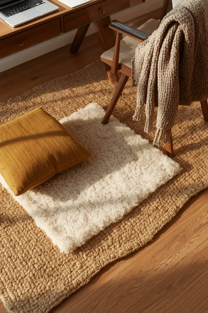  study space, featuring a layered jute base rug