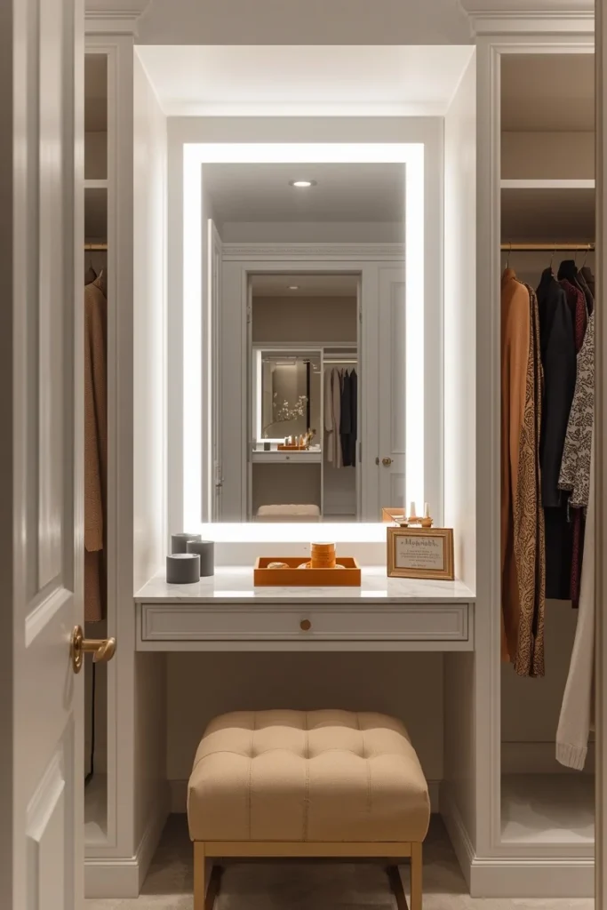 24 Custom Walk-In Closet Designs That Make Getting Dressed Feel Like a Dream 9 Seating Area for the Full Dressing Room Experience