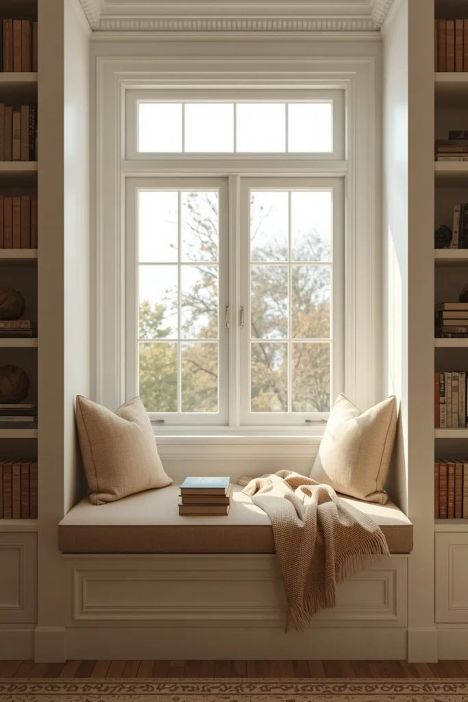 24 Dream Home Library Ideas That Are So Beautiful They'll Take Your Breath Away 9 home library window seat, featuring a built-in cushioned bench