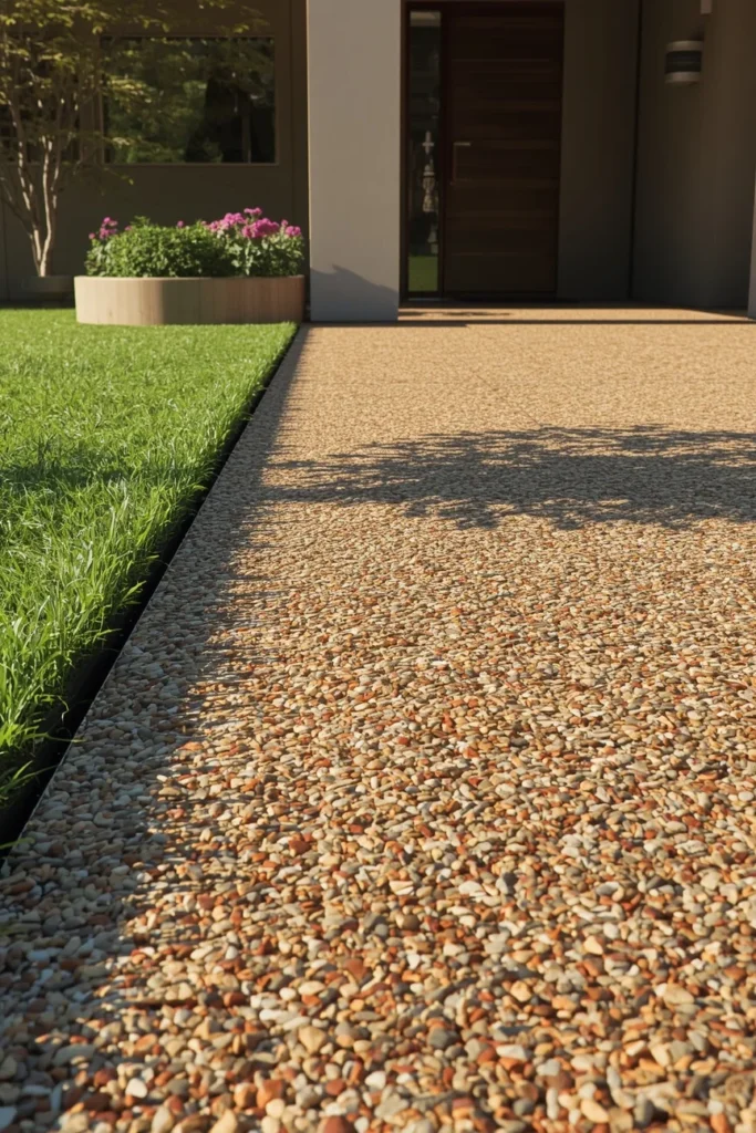  ranch home exterior, featuring an exposed aggregate concrete driveway