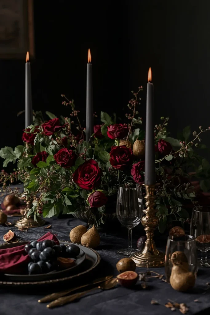 16 Fall Table Decor Ideas That Turn Every Dinner Into an Autumn Celebration 9 fall dinner table featuring deep burgundy and forest green florals,
