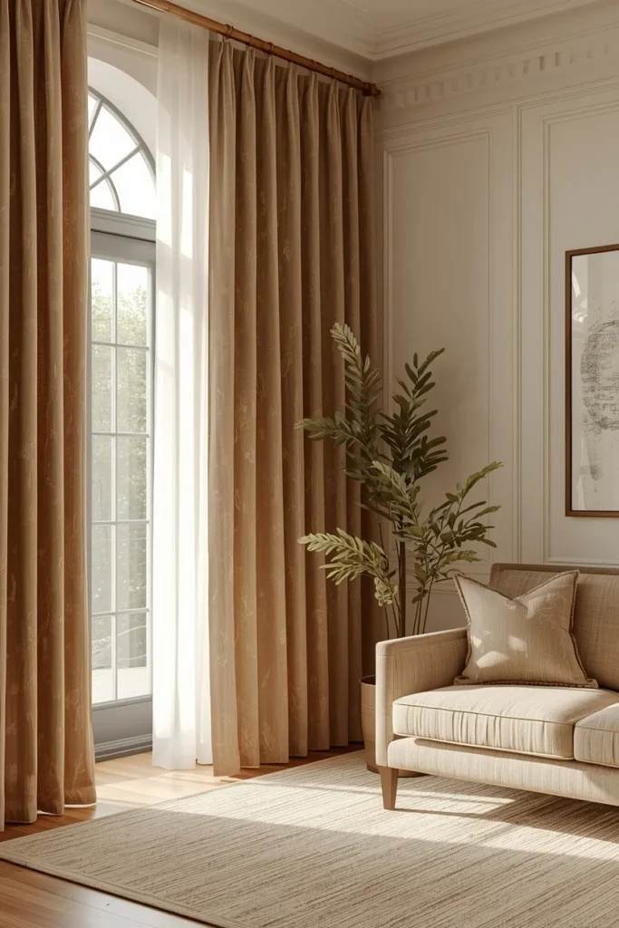  family room, featuring floor-to-ceiling linen drapes in a warm mocha tone