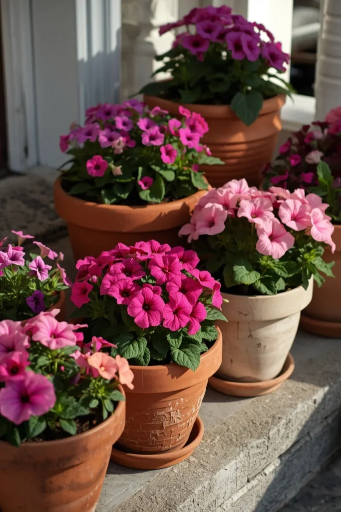 22 Front Porch Flower Ideas That Make Your Home's Entrance Bloom Beautifully 9 cluster of mismatched terracotta and ceramic pots