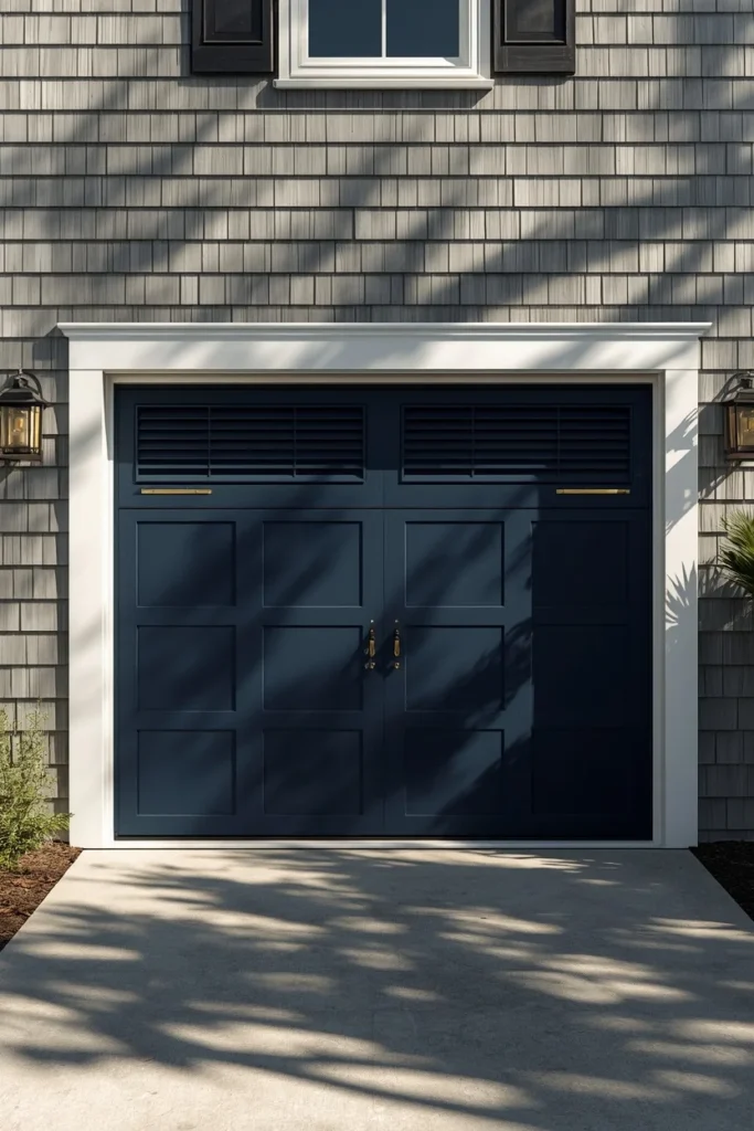 coastal shingle-style home exterior, featuring a deep navy blue garage door 