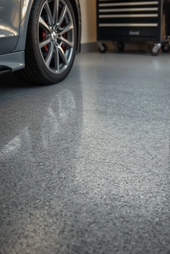 19 Garage Storage Ideas That Finally Tame the Chaos & Look Great Doing It 9 garage floor close-up, featuring a light gray polyaspartic coated floor
