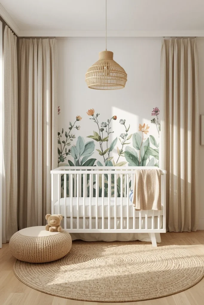 19 Gender Neutral Nursery Ideas That Are Modern, Stylish & Perfectly Timeless 9 nursery, featuring a botanical watercolor wallpaper accent wall