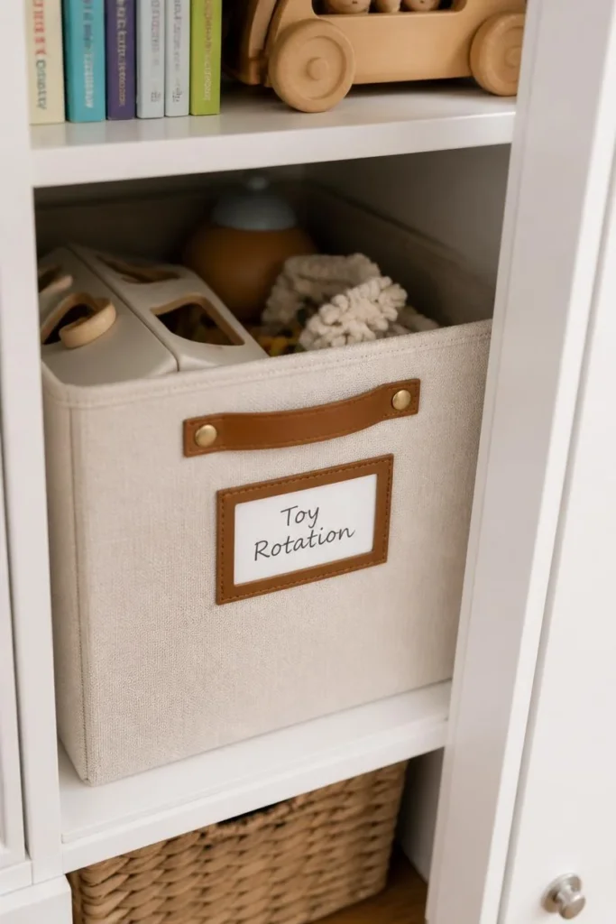 children's playroom, featuring a labeled storage bin