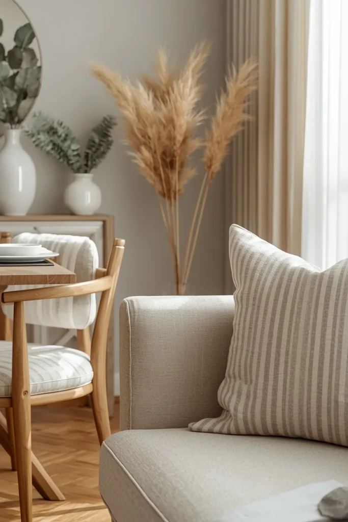 20 Genius Ways to Connect Your Living & Dining Room Seamlessly & Stylishly 9 living dining combo room, featuring a soft striped linen fabric