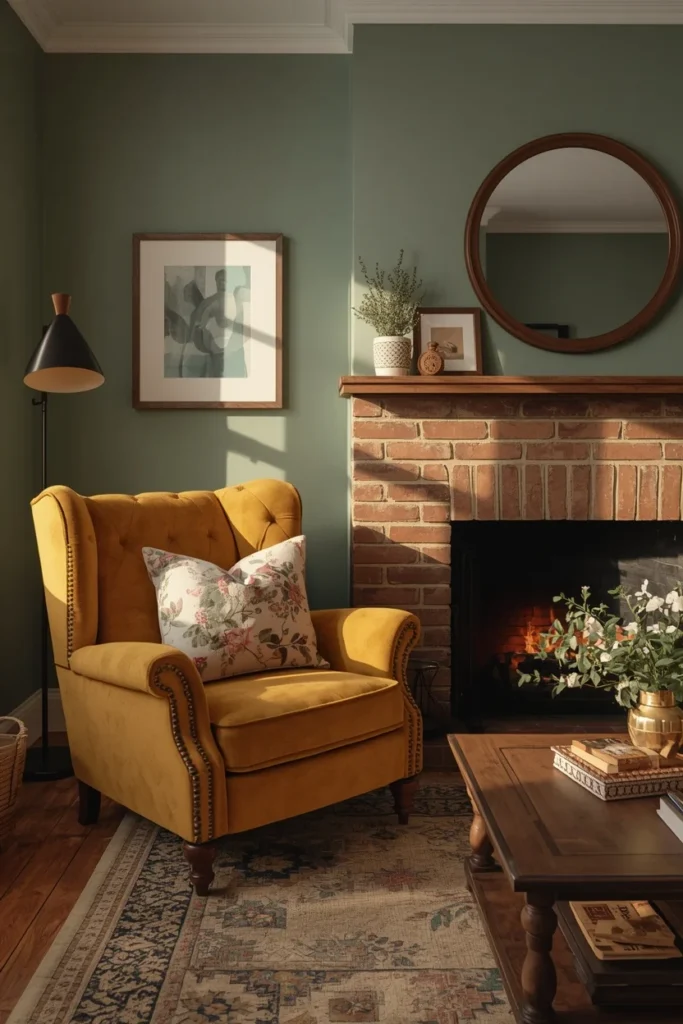 16 Green Living Room Ideas That Bring Life, Calm & Color to Any Space 9 living room, featuring sage green walls, a brick fireplace,