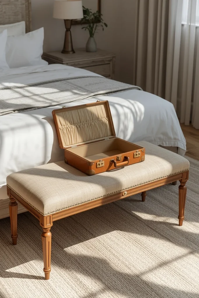  guest bedroom, featuring a upholstered wood-frame bench