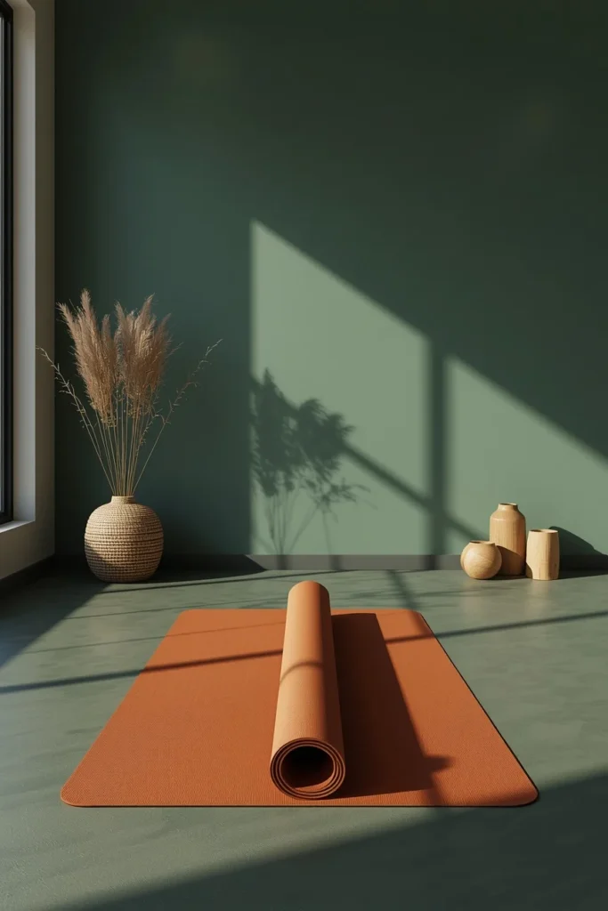 home gym, featuring a deep sage green accent wall 