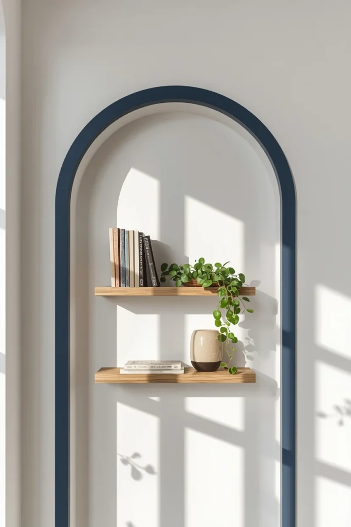16 Home Library Aesthetic Ideas That Turn Any Corner Into a Reader's Paradise 9 reading corner, featuring a bold navy painted arch on a white wall,