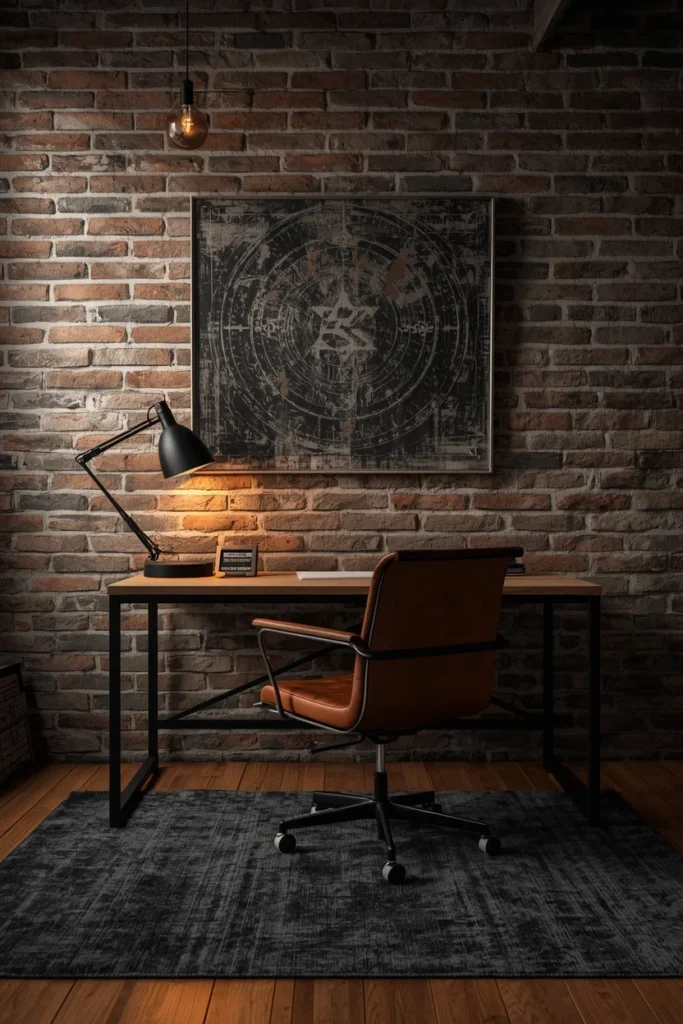  industrial home office, featuring exposed brick wall