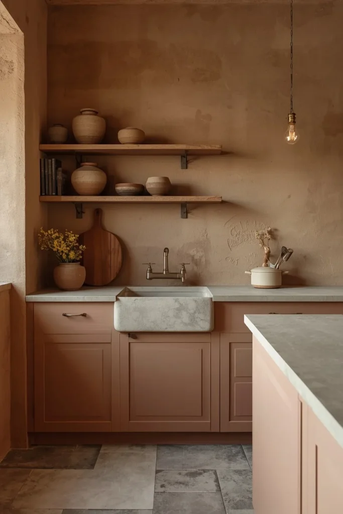 wabi-sabi kitchen aesthetic, rough warm sand-toned plaster walls 