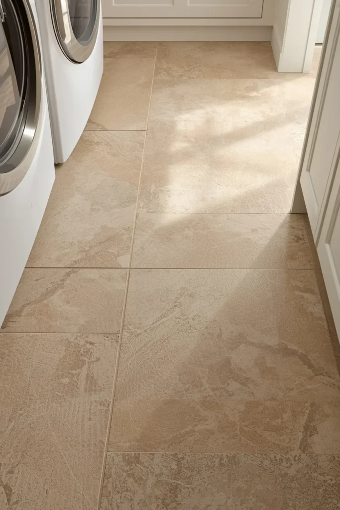 23 Laundry Room Design Ideas That Turn a Chore Space Into a Design Feature 9 laundry room flooring, featuring large-format matte stone-look tile