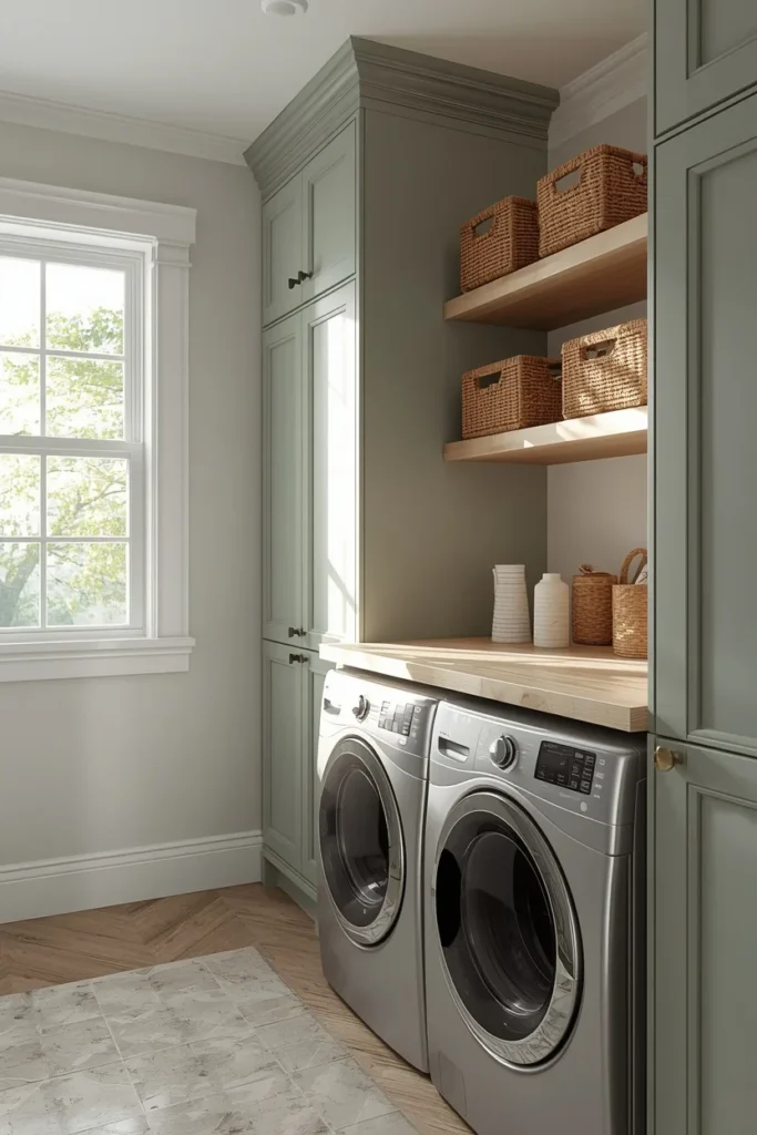24 Laundry Room Ideas That Make the Most Dreaded Chore Actually Enjoyable 9 laundry room, featuring sage green shaker cabinetry