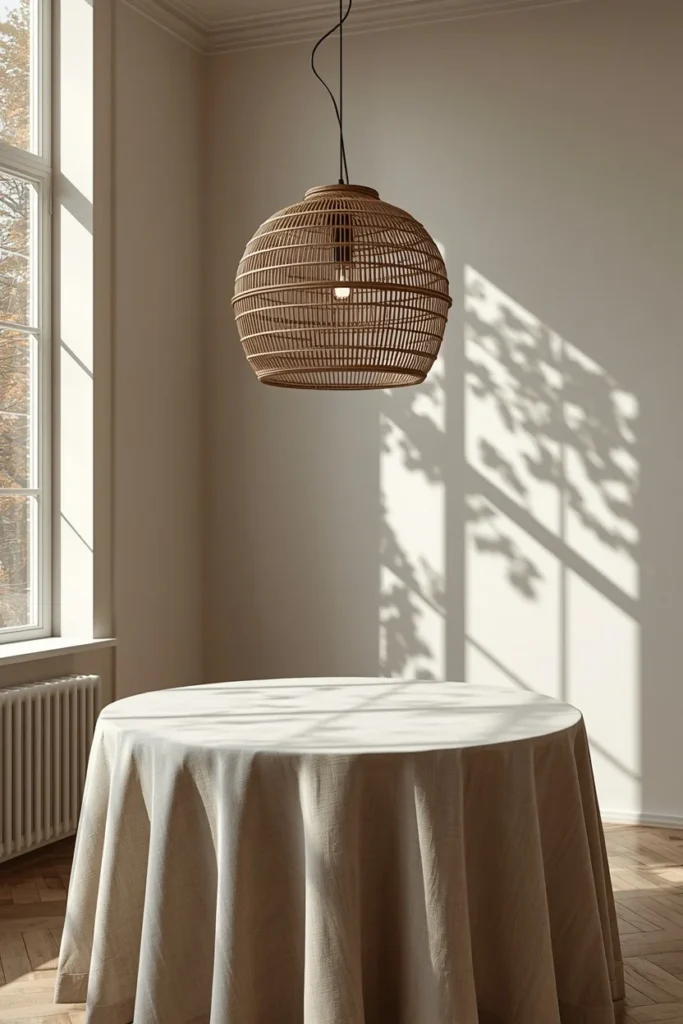 25 Modern Dining Room Ideas That Are Chic, Sleek & Totally Pin-Worthy 9 dining room, featuring a woven rattan pendant light casting