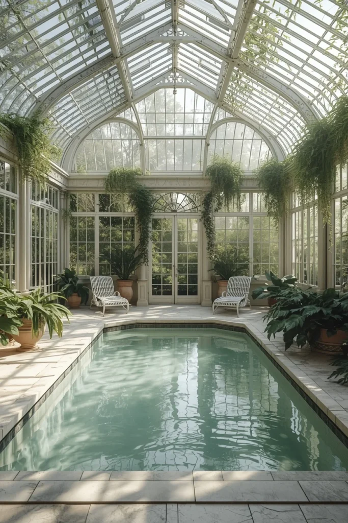 Victorian conservatory indoor pool, ornate white painted iron frame 