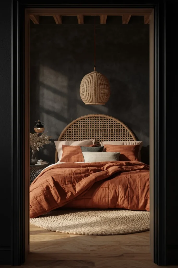 17 Moody Black Bedroom Ideas That Are Hauntingly Beautiful & Chic 9 bedroom, featuring black textured walls with a natural rattan headboard