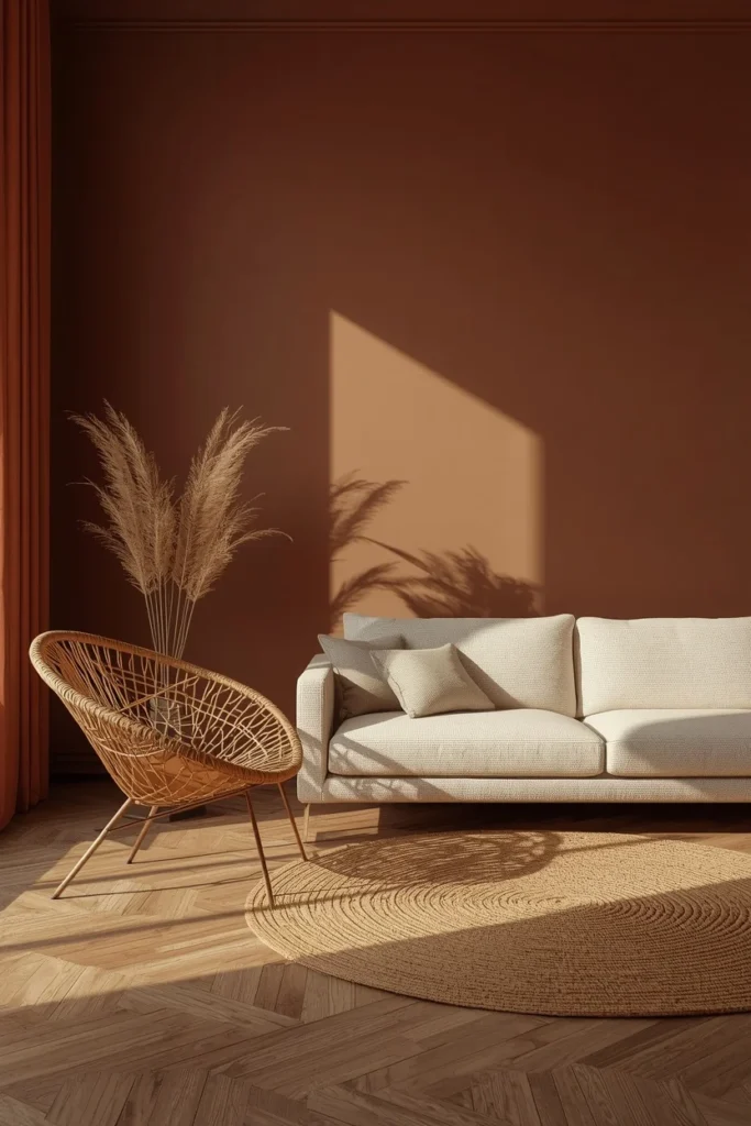 22 Moody Living Room Ideas That Are Rich, Dark & Incredibly Inviting 9 living room, featuring warm cocoa-toned walls, a cream boucle sofa