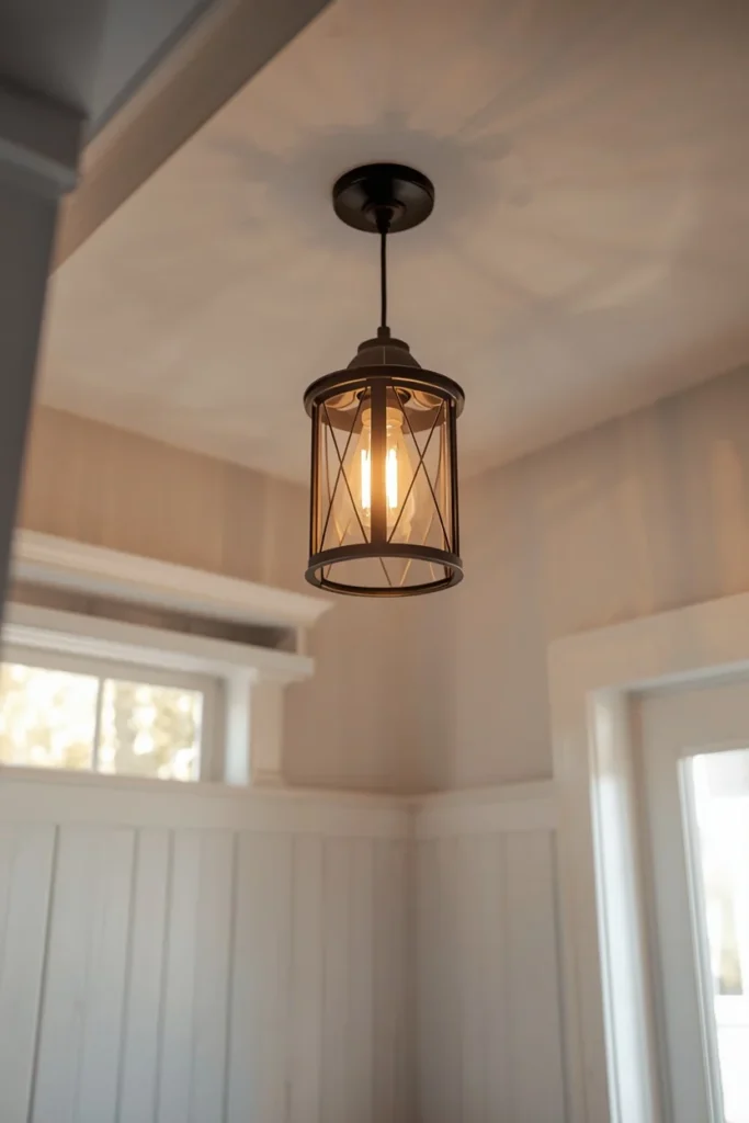 16 Mudroom Design Ideas That Make the Messiest Space in Your Home Look Amazing 8 mudroom ceiling fixture featuring a black lantern-style pendant