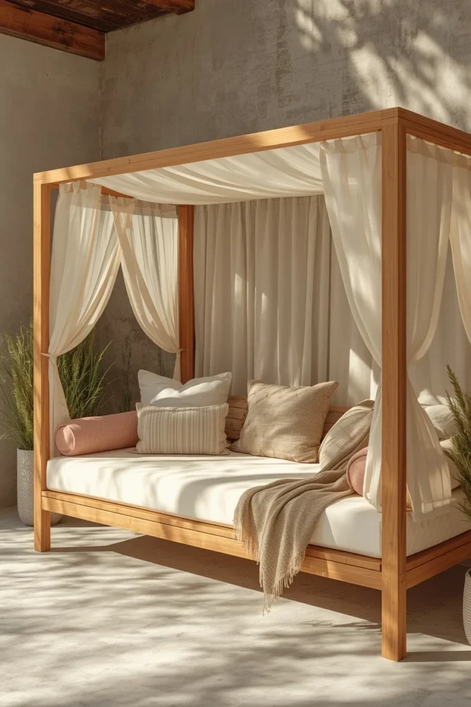 24 Outdoor Patio Furniture Ideas That Are Stylish, Comfy & Weather-Ready 9 patio daybed lounger, featuring a teak wood frame daybed
