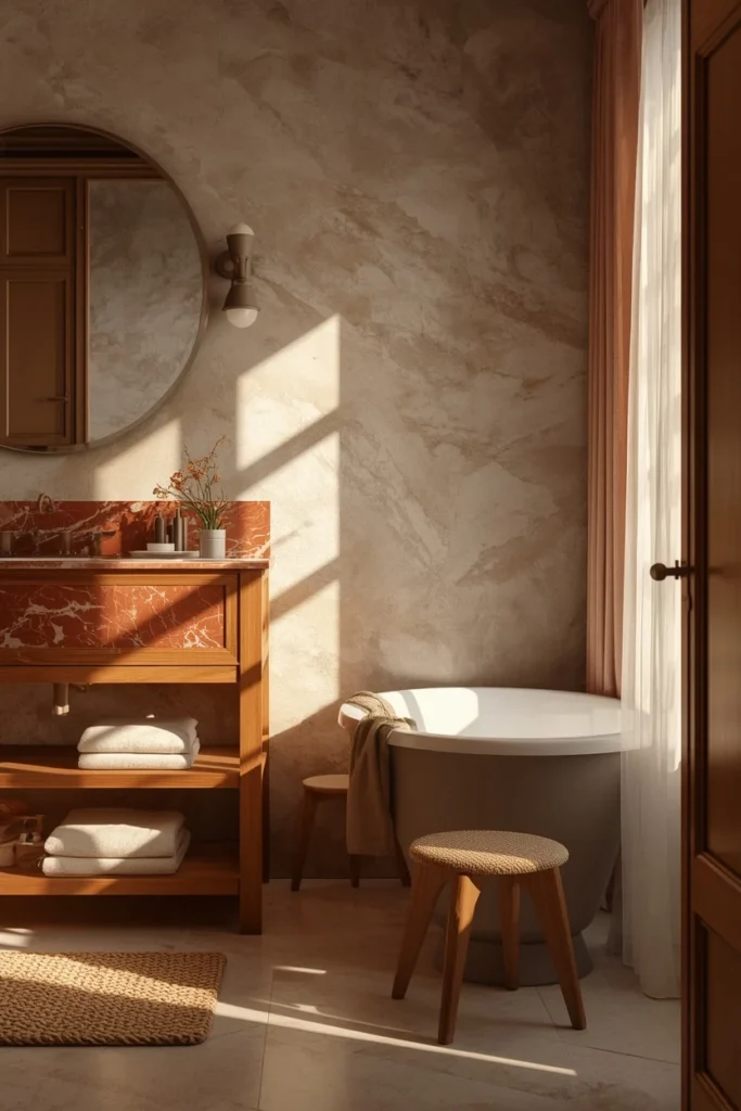bathroom, featuring red marble vanity countertop